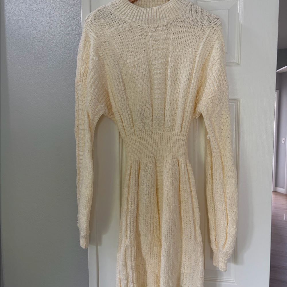 Guess Cream Ribbed Knit Long-Sleeve Dress